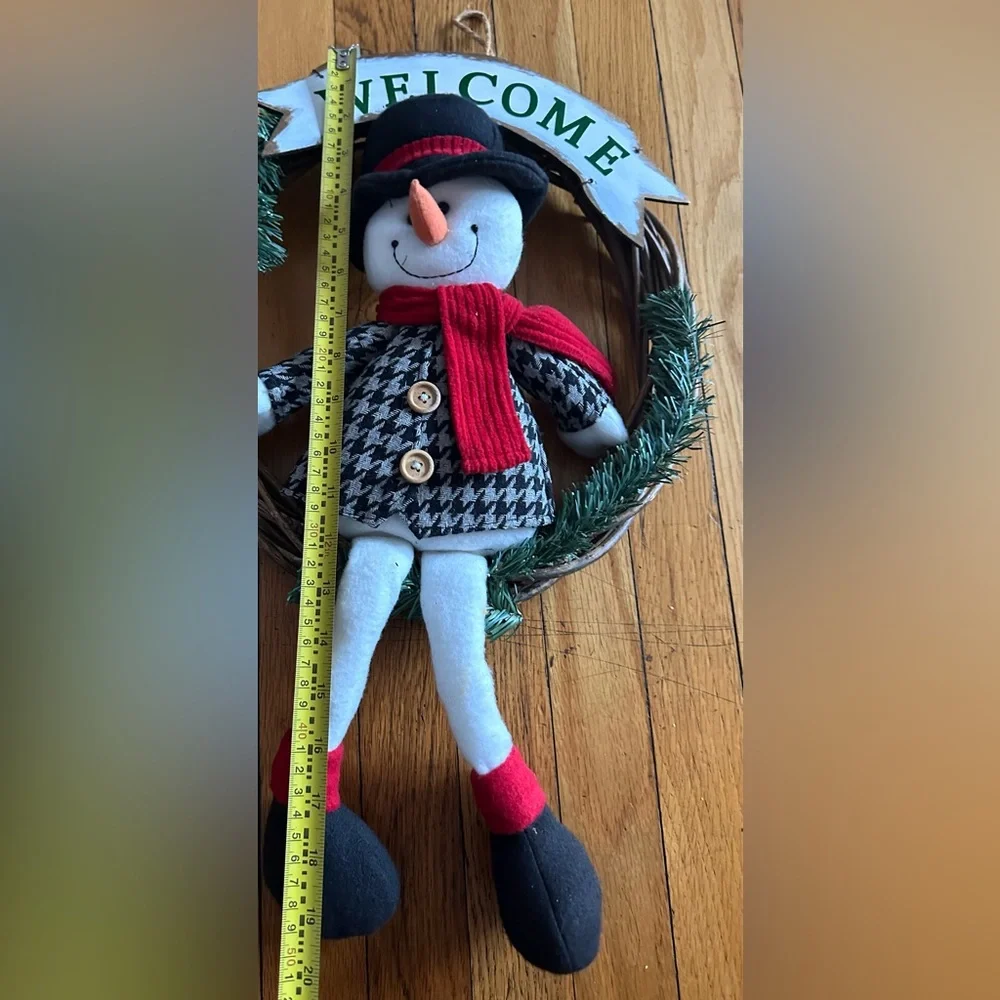 Christmas Stuffed Snowman WELCOME Door Wreath w. Red Scarf & Vines. Wood Sign.
